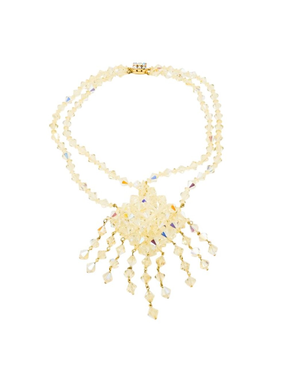 Vintage Austrian Crystal AB Bib Necklace Couture Yellow Faceted Fringe 16 Inches